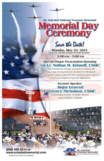 A poster of the ceremony with an american flag and a building.