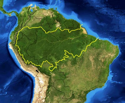 A map of the amazon region with yellow lines showing where the river is.