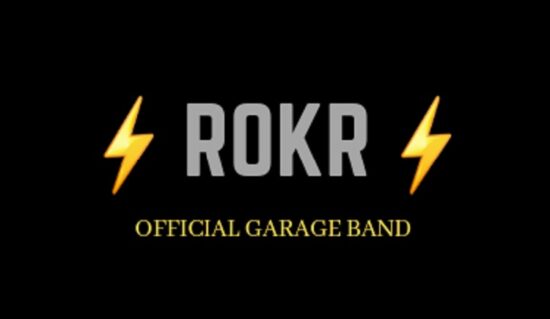 A band logo with lightning bolts and the name of rokr.